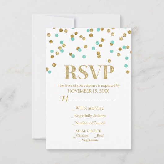 Aqua Blue Gold Confetti Wedding RSVP-kaarten RSVP Kaartje (Voorkant)