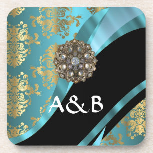 Aqua blue & gold damask faux kristal drankjes onderzetter