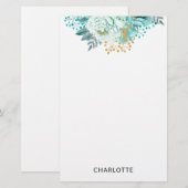 Aqua Blue Gold Floral - Aangepaste schrijfbenodigd Briefpapier (Voorkant / Achterkant)