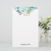 Aqua Blue Gold Floral - Aangepaste schrijfbenodigd Briefpapier (Staand voorkant)