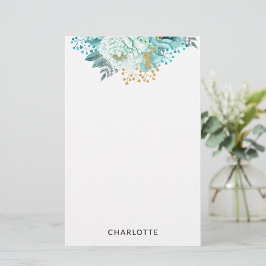 Aqua Blue Gold Floral - Aangepaste schrijfbenodigd Briefpapier (Staand voorkant)