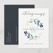 AQUA BLUE GOLD FOLIAGE WREATH MEMORIAL DANK U UITNODIGING BRIEFKAART (Voorkant / Achterkant)