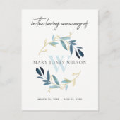 AQUA BLUE GOLD FOLIAGE WREATH MEMORIAL DANK U UITNODIGING BRIEFKAART (Voorkant)
