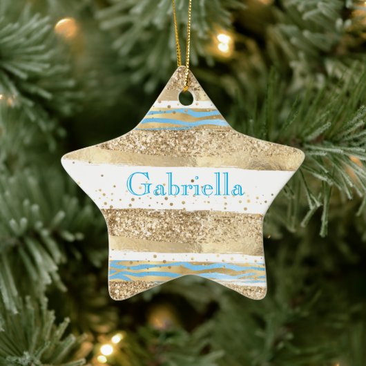 Aqua Blue Gold Glitter Confetti Zebra Animal Keramisch Ornament (Boom)