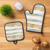 Aqua Blue Gold Glitter Confetti Zebra Animal Ovenwant & Pannenlap Set (Top down)
