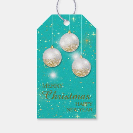 Aqua Blue Gold Glitter-kerstbulten Gift Labels Cadeaulabel (Voorkant)