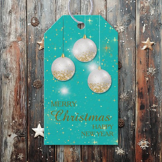 Aqua Blue Gold Glitter-kerstbulten Gift Labels Cadeaulabel
