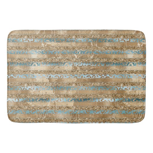 Aqua Blue Gold Glitter Leopard Print Strepen Badmat (Voorkant)