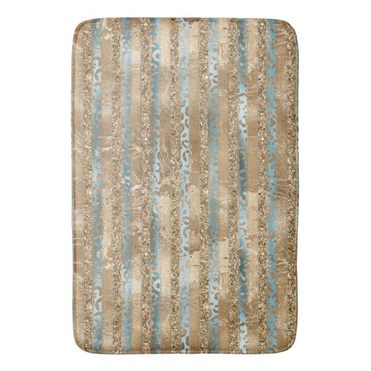 Aqua Blue Gold Glitter Leopard Print Strepen Badmat (Voorkant Verticaal)