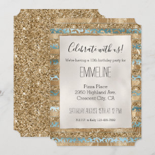 Aqua Blue Gold Glitter Leopard Print Strepen Kaart