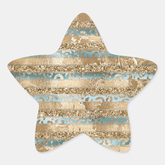 Aqua Blue Gold Glitter Leopard Print Strepen Ster Sticker (Voorkant)