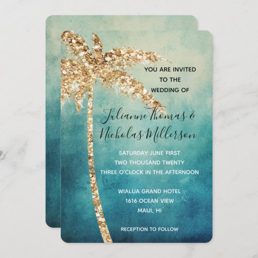 Aqua Blue Gold Glitter Tropical Palm Tree Wedding Kaart (Voorkant / Achterkant)