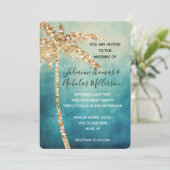 Aqua Blue Gold Glitter Tropical Palm Tree Wedding Kaart (Staand voorkant)