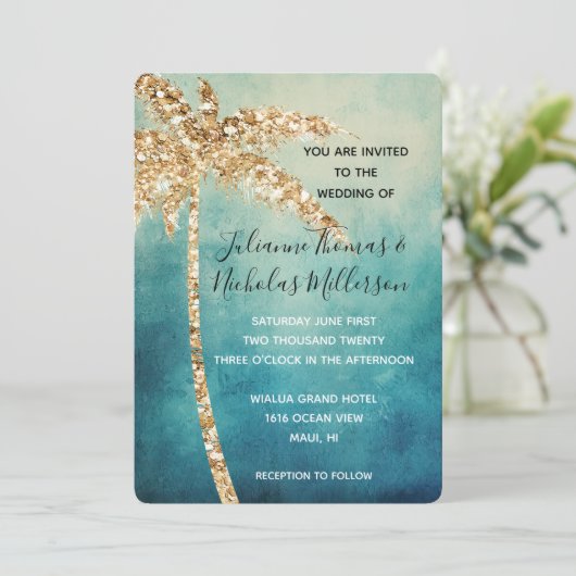 Aqua Blue Gold Glitter Tropical Palm Tree Wedding Kaart (Staand voorkant)