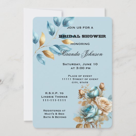  Aqua Blue Gold Ivoor Floral Vrijgezellenfeest Kaart (Voorkant)