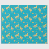 Aqua Blue Gold Magical Unicorn Birthday Cadeaupapier (Vlak)