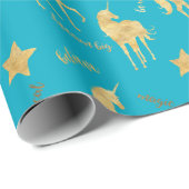 Aqua Blue Gold Magical Unicorn Birthday Cadeaupapier (Rol Hoek)
