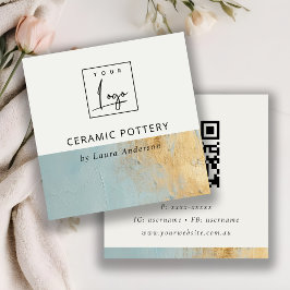 Aqua Blue Gold Oil Paint Texture Logo QR Code Vierkante Visitekaartje