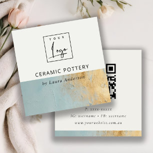Aqua Blue Gold Oil Paint Texture Logo QR Code Vierkante Visitekaartje