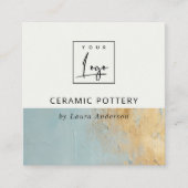 Aqua Blue Gold Oil Paint Texture Logo QR Code Vierkante Visitekaartje (Voorkant)