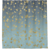Aqua Blue Gold Ombre Stars Douchegordijn (Voorkant)