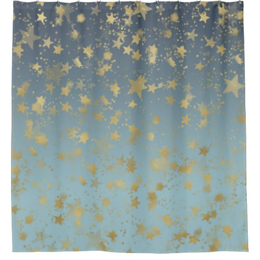 Aqua Blue Gold Ombre Stars Douchegordijn (Voorkant)