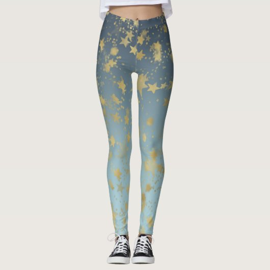 Aqua Blue Gold Ombre Sterren Leggings (Voorkant)