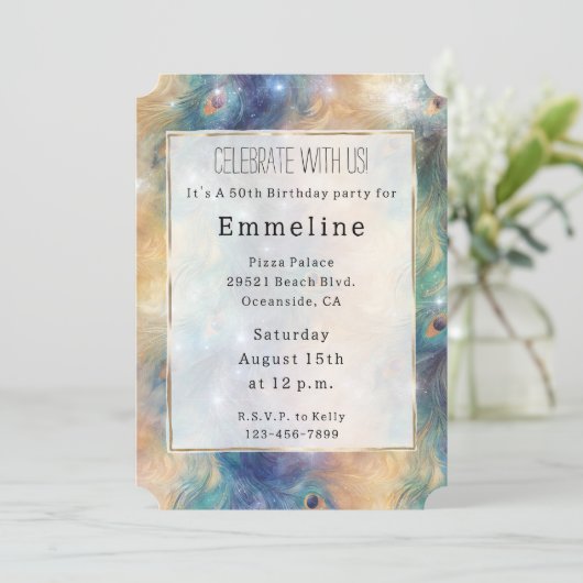 Aqua Blue Gold Peacock Feathers 50ste verjaardag Kaart (Staand voorkant)