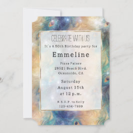 Aqua Blue Gold Peacock Feathers 50ste verjaardag Kaart