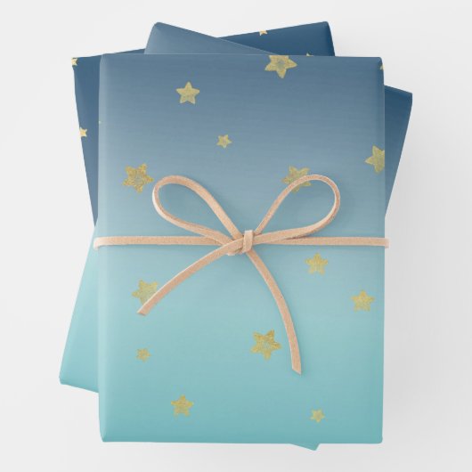 Aqua Blue Gold Stars Inpakpapier Vel (In situ)