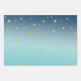 Aqua Blue Gold Stars Inpakpapier Vel
