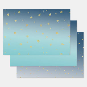 Aqua Blue Gold Stars Inpakpapier Vel