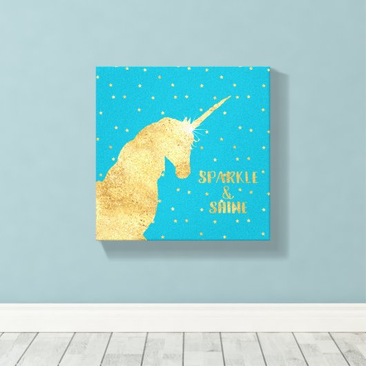 Aqua Blue Gold Unicorn Stars Sparkle and Shine Canvas Afdruk (Insitu (Houten vloer))