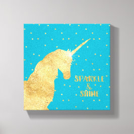 Aqua Blue Gold Unicorn Stars Sparkle and Shine Canvas Afdruk