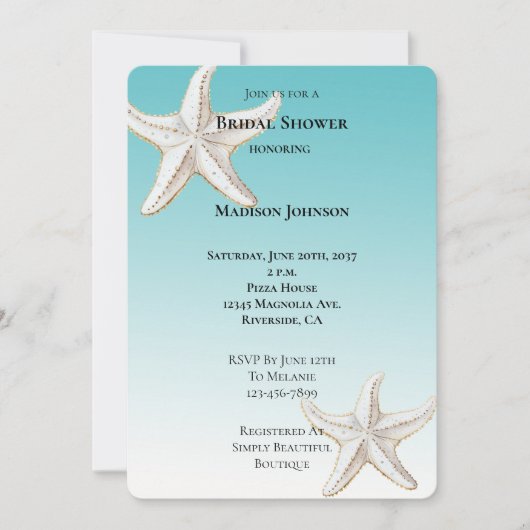 Aqua Blue Gold White Starfish Beach Vrijgezellenfe Kaart (Voorkant)