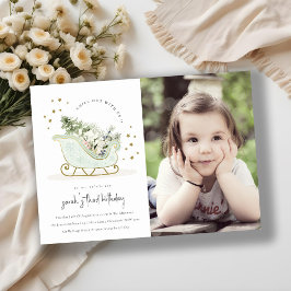 Aqua Blue Gold Winter Sleigh Photo Birthday Invite Bedankkaart