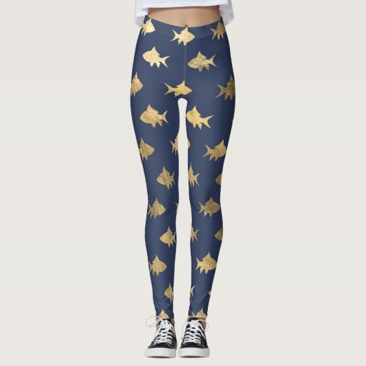 Aqua Blue Goldfish Zeemeermin Design Blue Glitter Leggings (Voorkant)