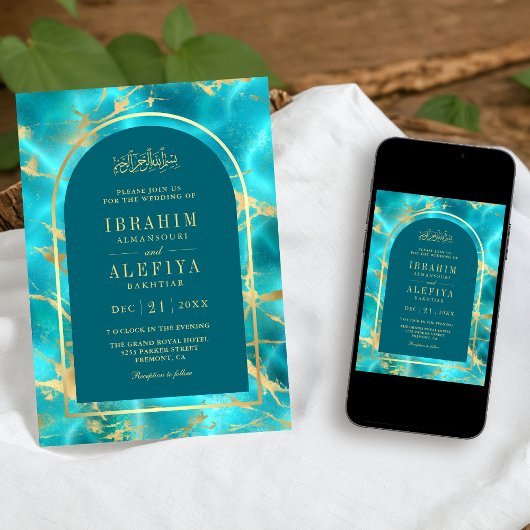 Aqua Blue Gouden Waterboog Moslim Bruiloft Kaart