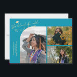 Aqua Blue Graduate She Believed Multi Photo Aankondiging<br><div class="desc">Modern and whimsical graduation announcement photo card featuring 3 photos on the front and 1 on the back. The text says "She believed she could so she did" with twinkling stars. Add the graduate's name,  information,  and message to personalize this card. Aqua blue.</div>
