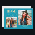 Aqua Blue Graduate Thank You 2-Photo  Aankondiging<br><div class="desc">Modern and whimsical graduation announcement photo card featuring 2 photos on the front and 1 on the back. The text says "THANK YOU" with twinkling stars. Add the graduate's name,  information,  and message to personalize this card. Aqua blue.</div>