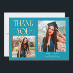 Aqua Blue Graduate Thank You 2-Photo  Aankondiging<br><div class="desc">Modern and whimsical graduation announcement photo card featuring 2 photos on the front and 1 on the back. The text says "THANK YOU" with twinkling stars. Add the graduate's name,  information,  and message to personalize this card. Aqua blue.</div>