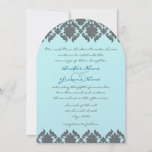 Aqua Blue Gray Bevel Damask Wedding Uitnodiging