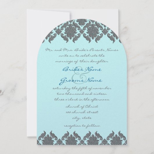 Aqua Blue Gray Bevel Damask Wedding Uitnodiging (Achterkant)