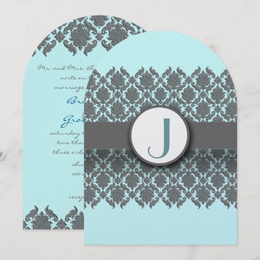 Aqua Blue Gray Bevel Damask Wedding Uitnodiging (Voorkant / Achterkant)
