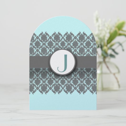 Aqua Blue Gray Bevel Damask Wedding Uitnodiging (Staand voorkant)