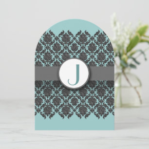 Aqua Blue Gray Bevel Damask Wedding Uitnodiging