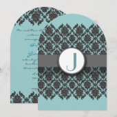 Aqua Blue Gray Bevel Damask Wedding Uitnodiging (Voorkant / Achterkant)