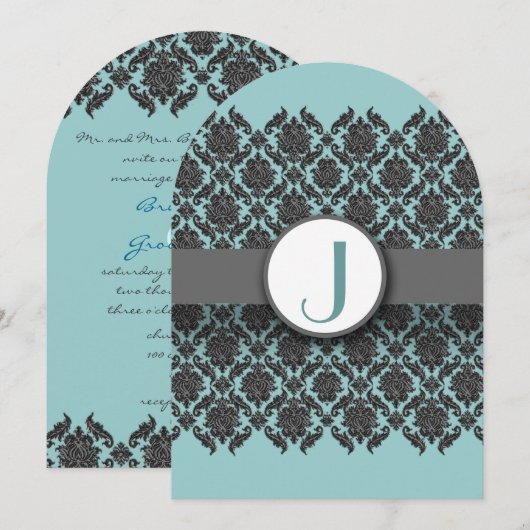 Aqua Blue Gray Bevel Damask Wedding Uitnodiging (Voorkant / Achterkant)