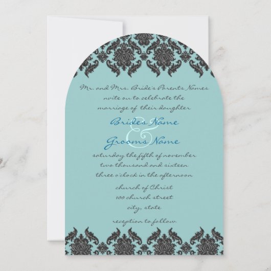 Aqua Blue Gray Bevel Damask Wedding Uitnodiging (Achterkant)