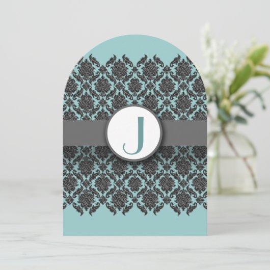 Aqua Blue Gray Bevel Damask Wedding Uitnodiging (Staand voorkant)